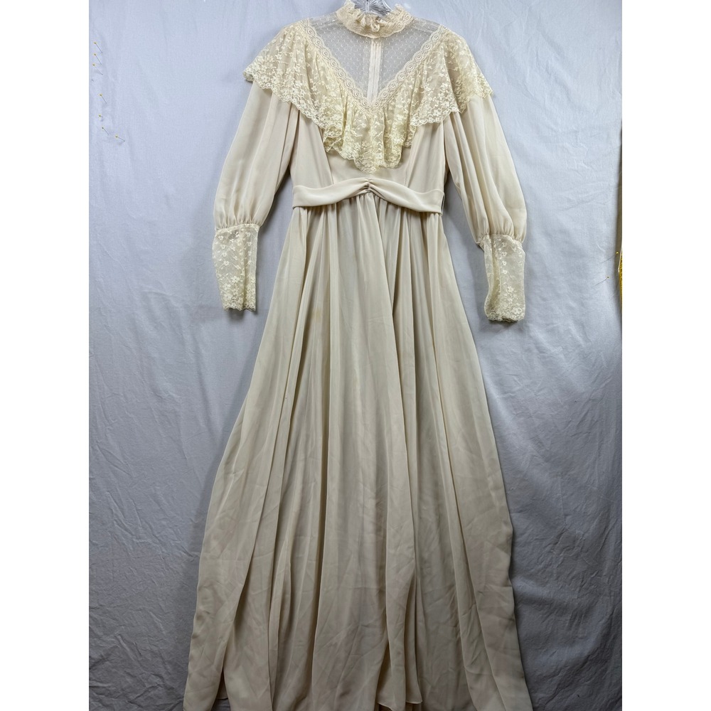 Vintage Prairie Wedding Dress Women 14 Cream Lace Victorian Revival Long Sleeve